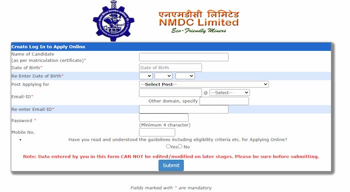 NMDC Limited online form